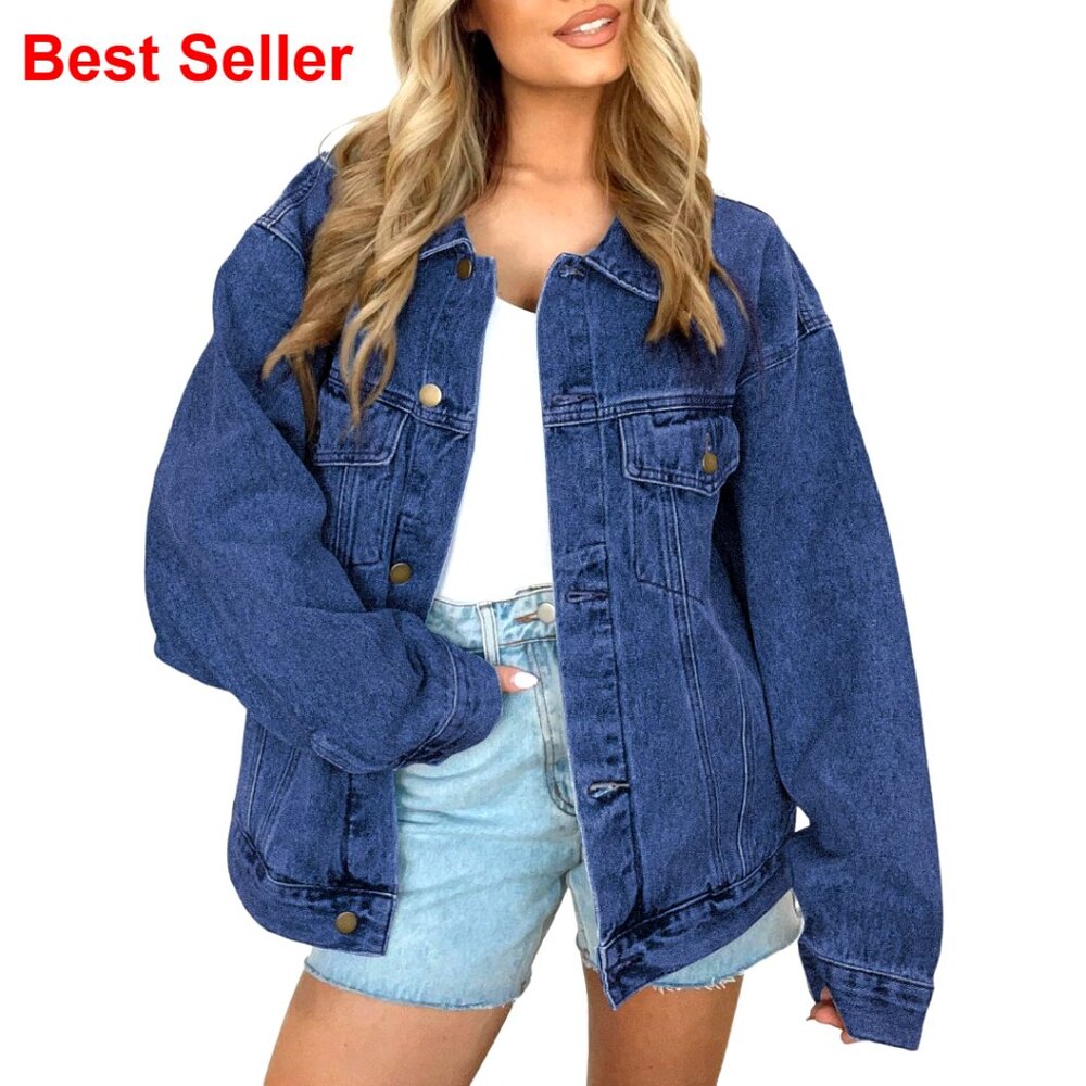 Oversized Denim Jacket Long Sleeve Button Down Trucker Shacket Women's Xl